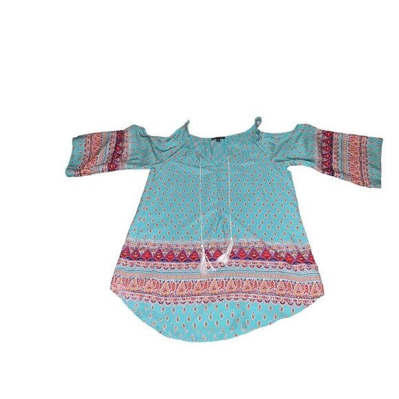 Women's‎ mmmmmm blouse size S cold shoulder aqua orange tasseled boho travel - Picture 1 of 7